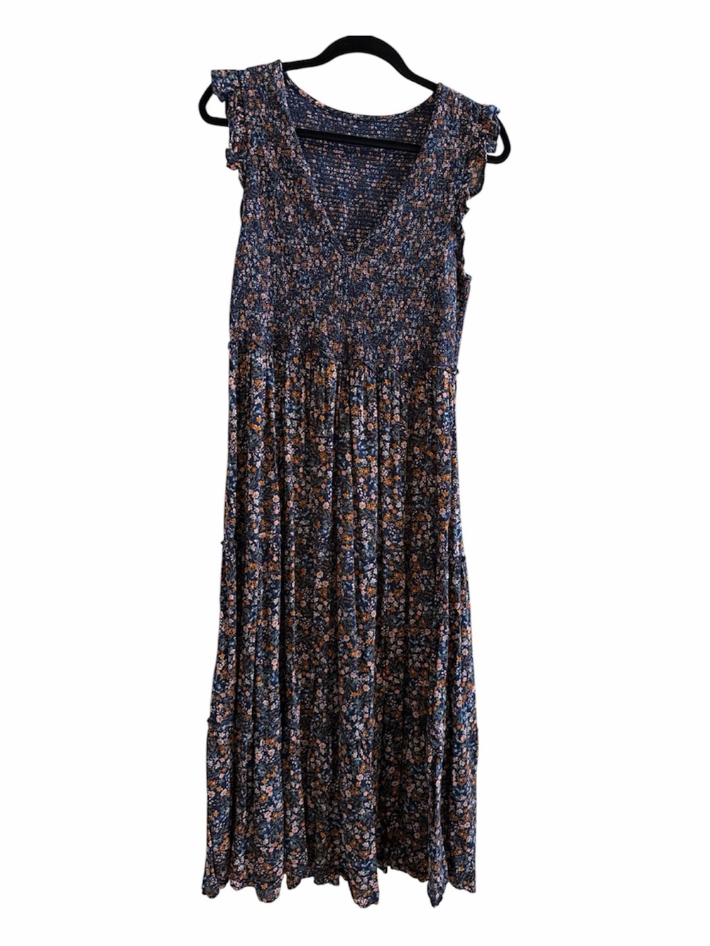 Floral Navy Blue Midi Dress with Ruffled Sleeves